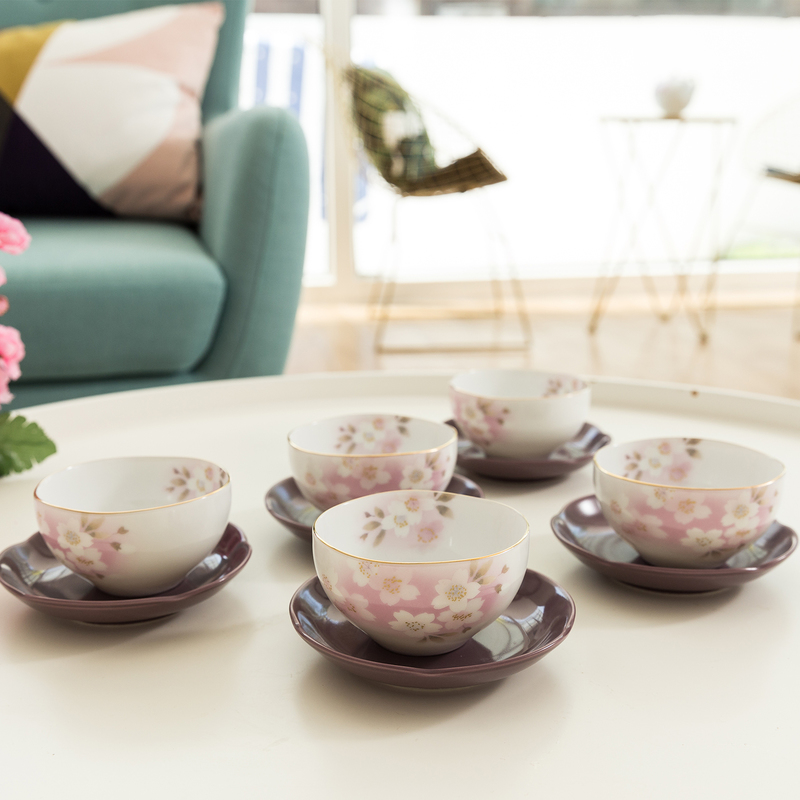 日本AITO美浓烧茶杯茶托茶具5件套 【宇野千代日和樱】粉红