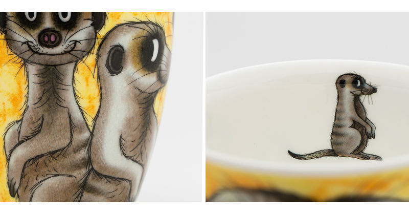 英国DUNOON丹侬骨瓷杯马克杯树獭狐獴水杯细节图案
