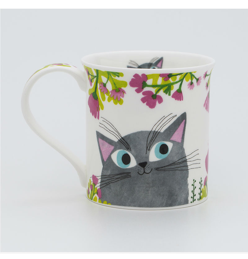 英国DUNOON丹侬骨瓷杯马克杯灵动的猫咪灰色茶杯图案